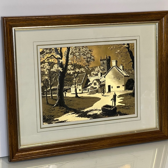 Vintage Gold Foil Etching Art w Wood Frame - Landscape - Farm -Metallic -Framed - Picture 1 of 16